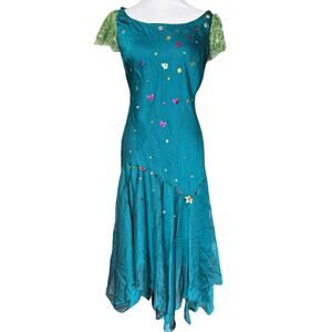 Vintage Party Dress Teal Satin Fairy Bias Cut Size 8 Sequin Lace Gown Garden